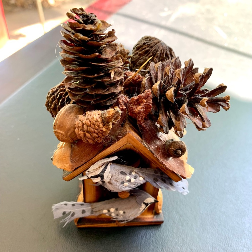 Homemade Birdhouse Decor with Pinecones and Nuts